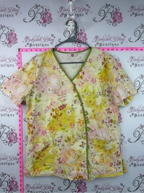 White Cross scrubs top butterfly Floral Print V-Neck Scrub Top in Yellow Pink